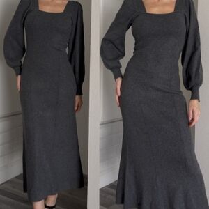 Zara Charcoal Gray Square-Neck Midi Dress with Balloon Sleeves